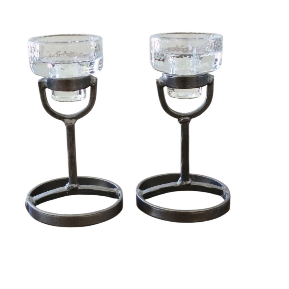 Swedish Vintage Candle Holders Wrought Metal & Glass Candlestick Holder